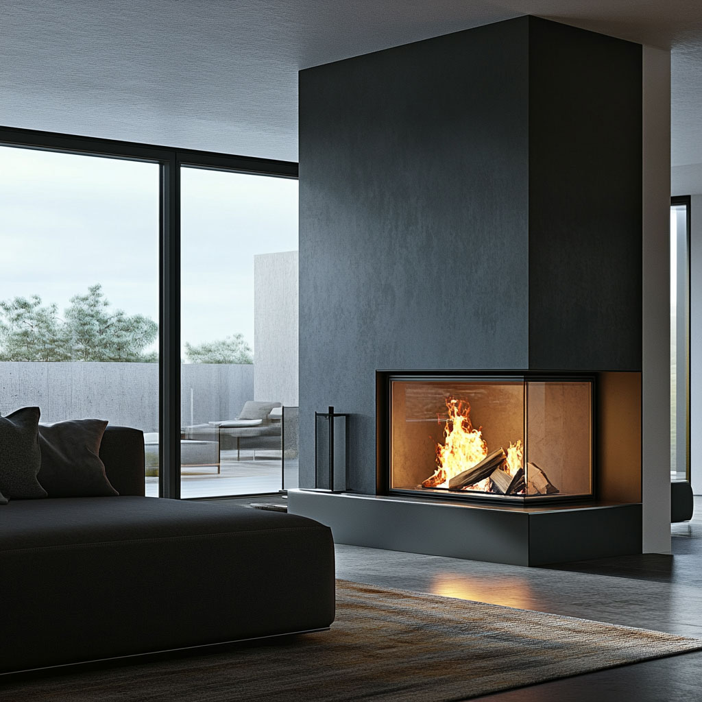 Modern living room with a sleek corner fireplace and large glass windows.